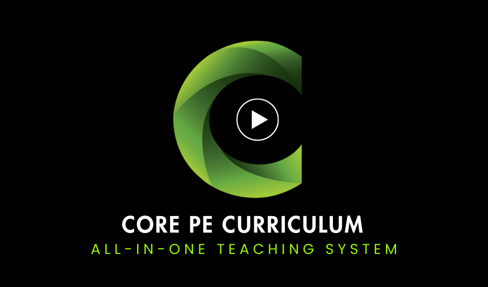 Photo Link to Why CORE PE? video: Large letter "C" with swooping geometrical segments in gradient tones of green.