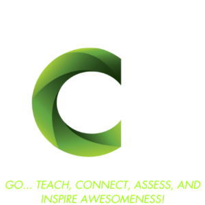 CORE PE Curriculum Logo: Large letter "C" with swooping & words: Go... Teach, Connect, Assess, and Inspire Awesomeness!