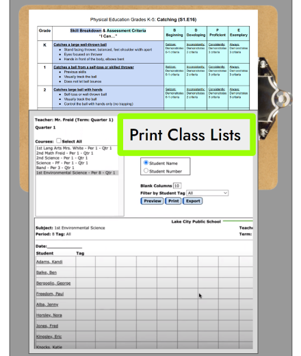 Sample of using printed class lists/clipboard to record students' assessment scores from printed Skill Breakdown & Assessment Sheets.